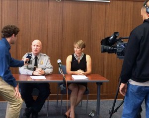 Chief Ed Roessler and Director Ina Fernandez launch new LAP tool at a news conference.